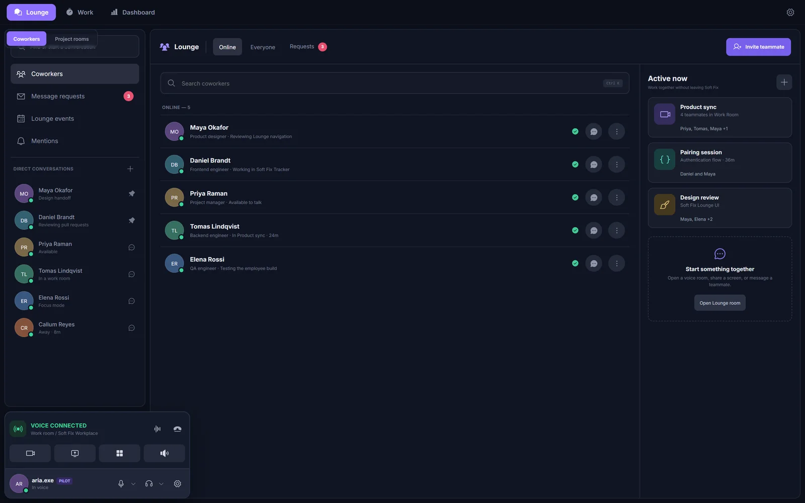 Lounge with a coworker roster, direct conversations and an Active now panel