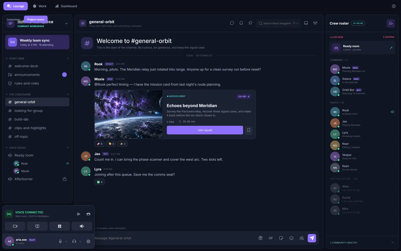 Project channels with chat, a mission card and a crew roster