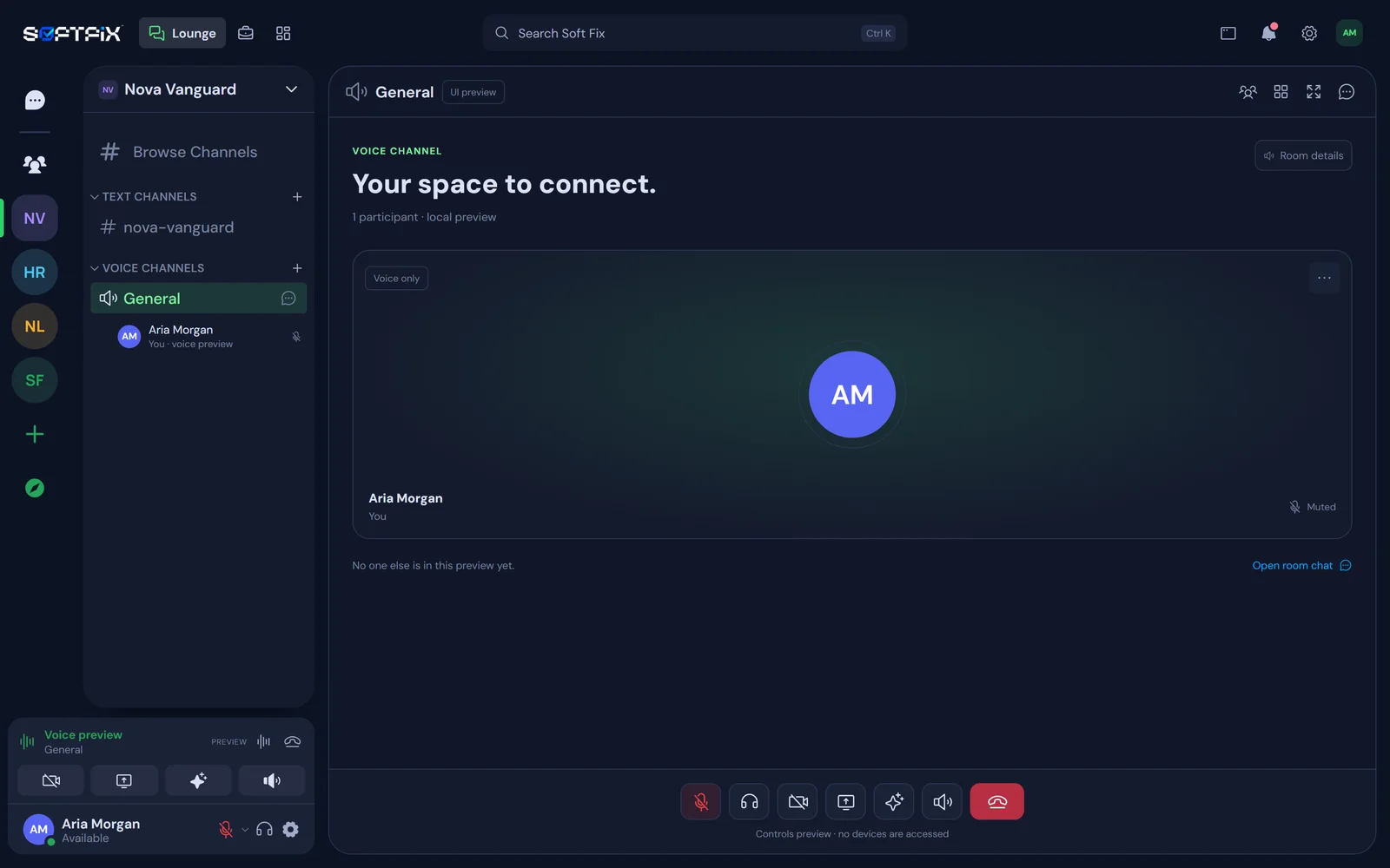 A project voice room with the call controls for mute, camera, screen sharing and leaving