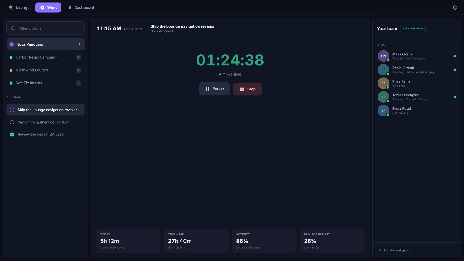 Work mode with a running timer, a project and task picker, and the team’s tracking status