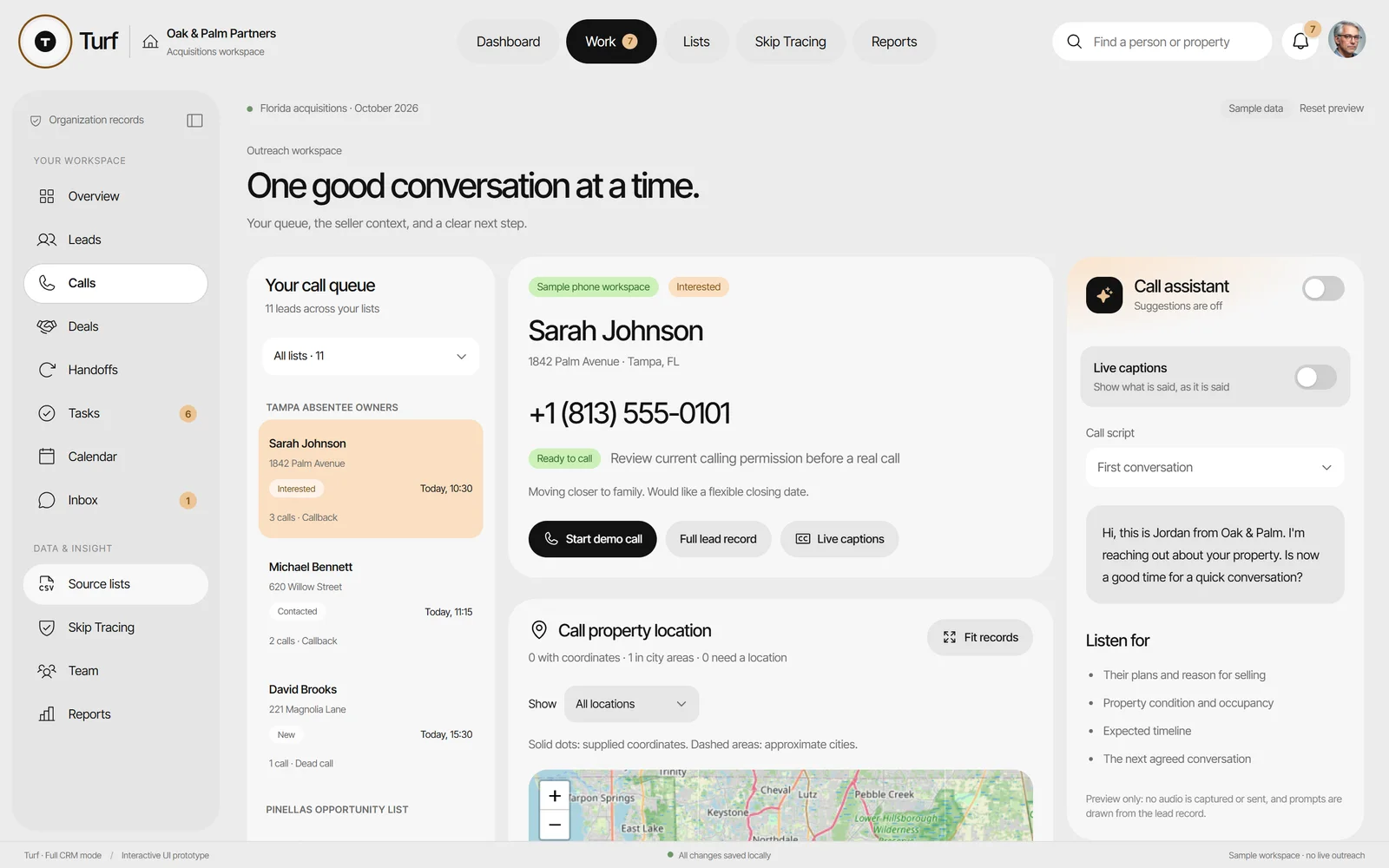 Turf: Call workspace with a call queue, the seller’s details, a call script assistant and a property map