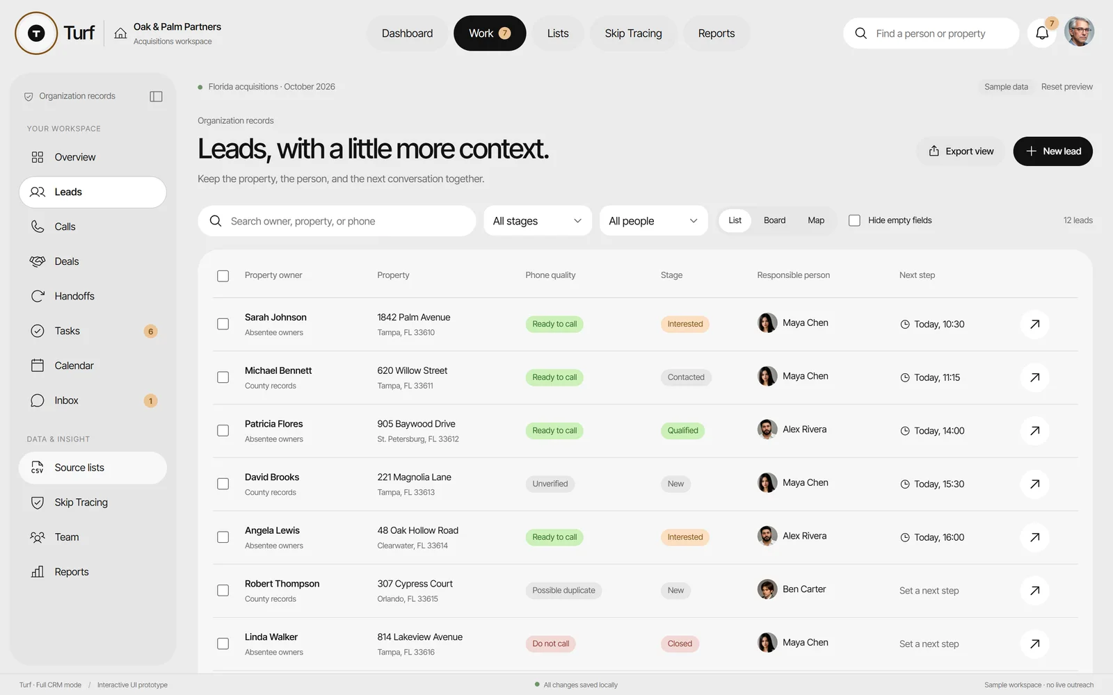 Turf: Leads table with owner, property, phone quality, stage, responsible person and next step