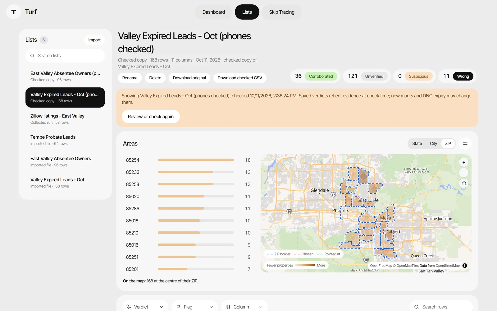 A checked lead list with verdict counts and a ZIP-level coverage map