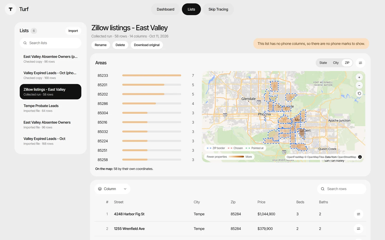 A collected listings run with its areas and a map