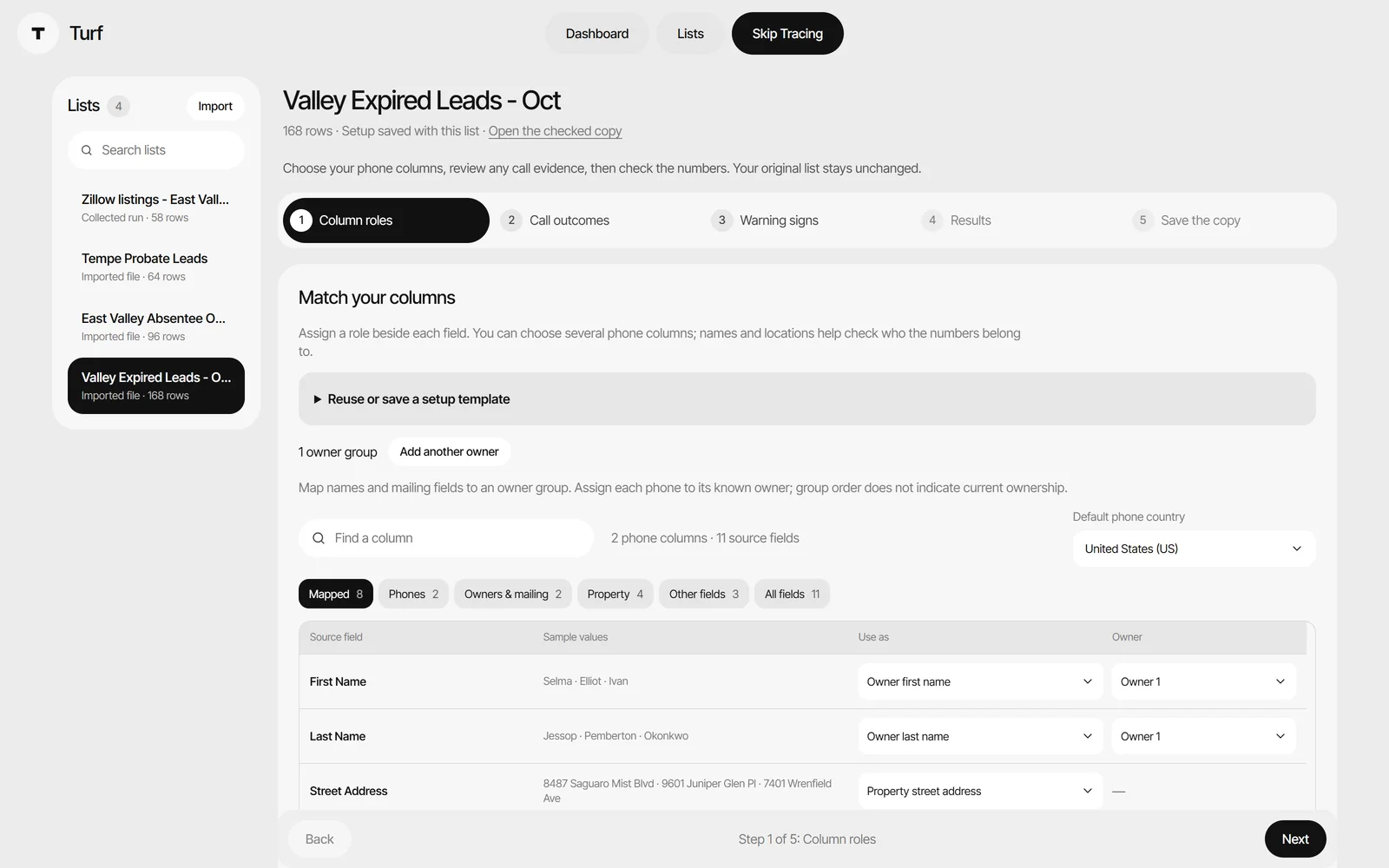 Skip Tracing step one: matching the list’s columns to phone, name and address roles