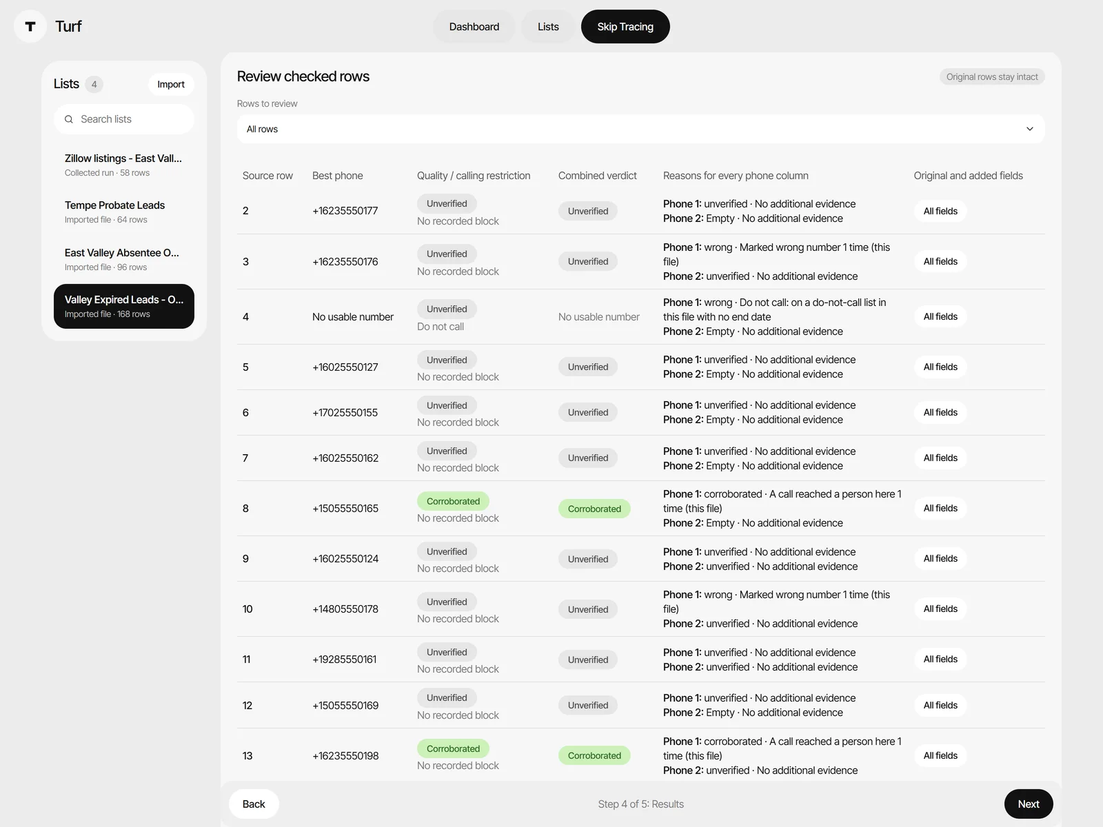 Row review table explaining why each phone number received its verdict