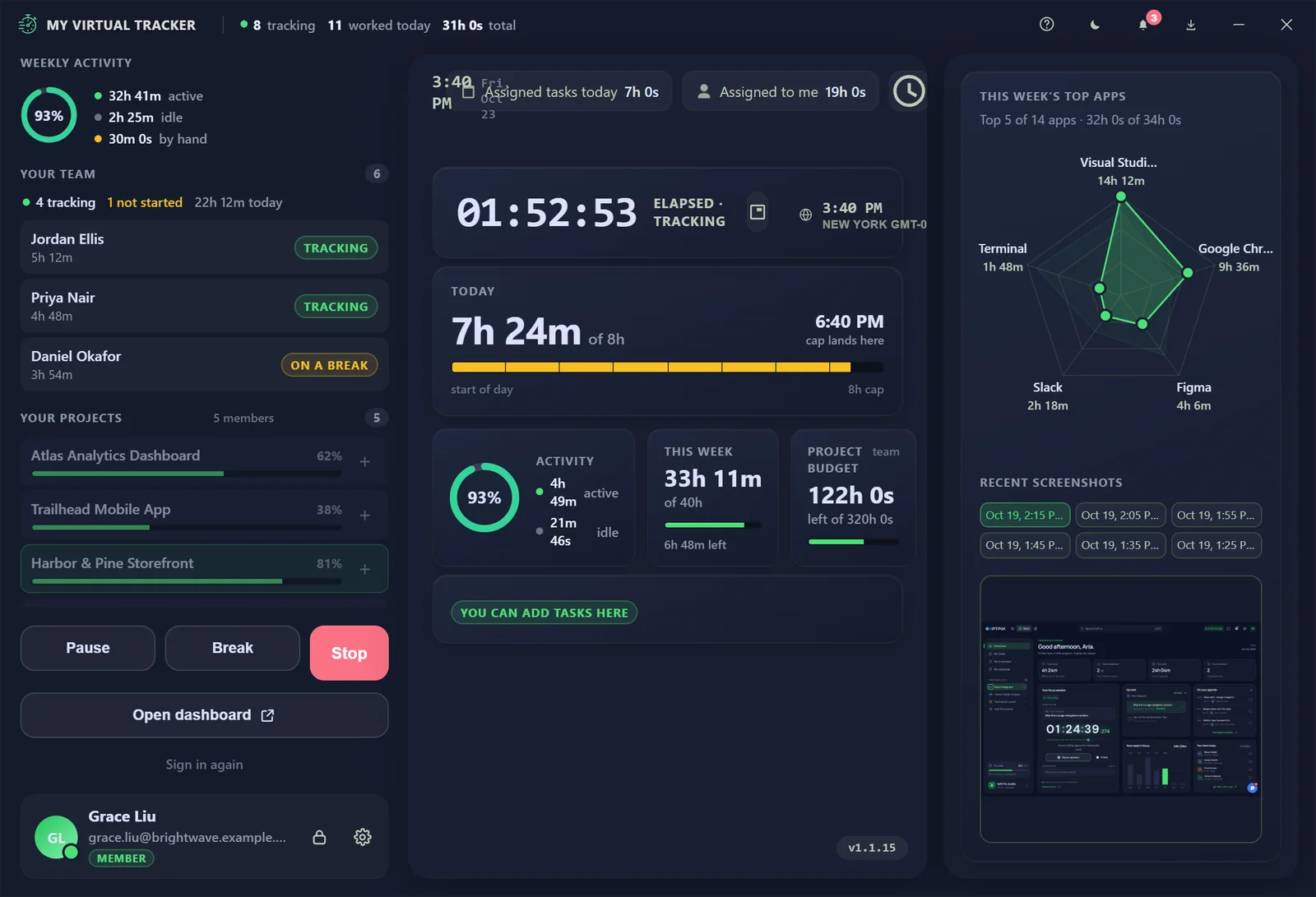 My Virtual Tracker Desktop: Extended layout with the stats, the week’s top apps and recent screenshots side by side