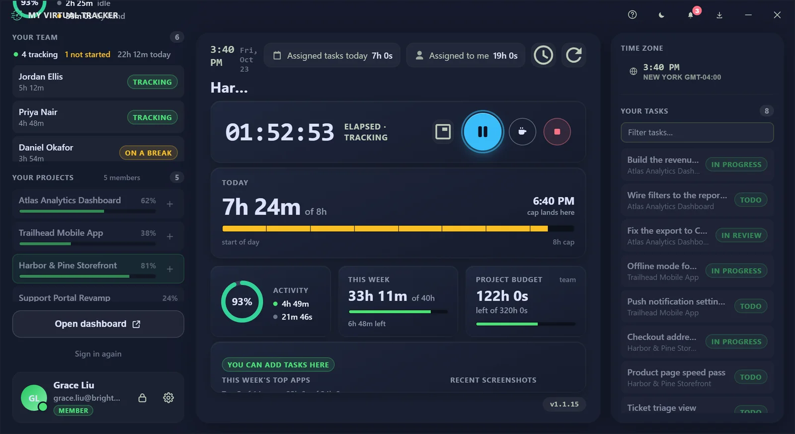 Focus layout with a play and pause control, the stats and the task list in a column of its own