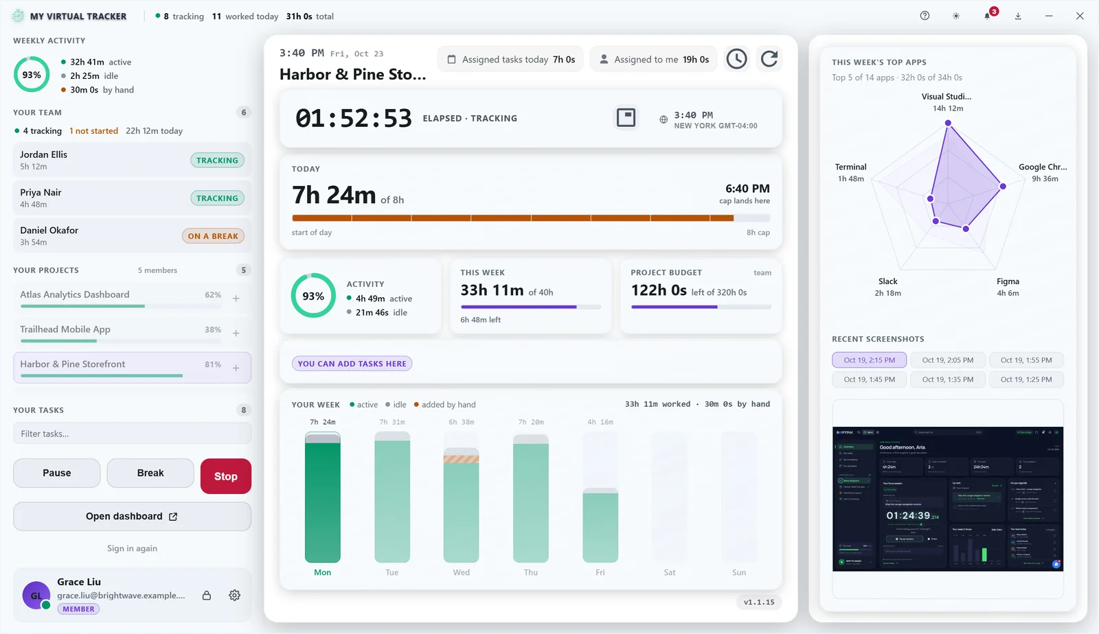 The agent in its light theme while tracking a project
