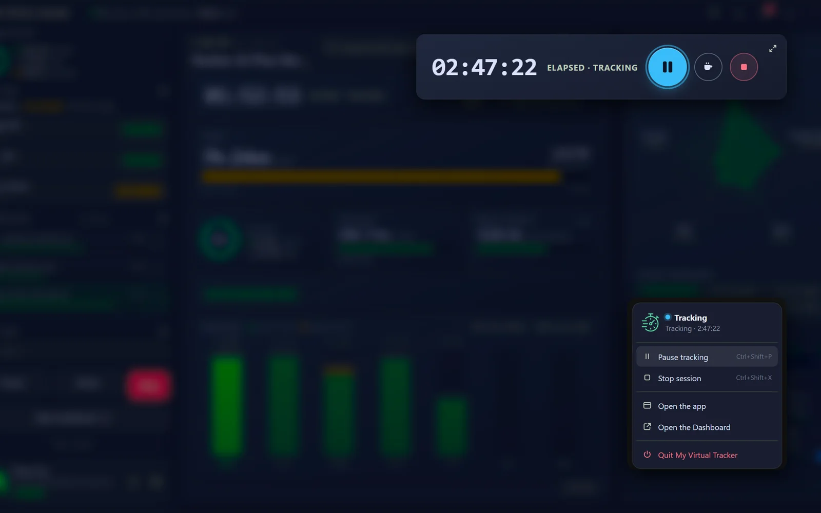 My Virtual Tracker Desktop: The mini timer that stays on top of other windows, and the tray menu with pause, stop and open shortcuts