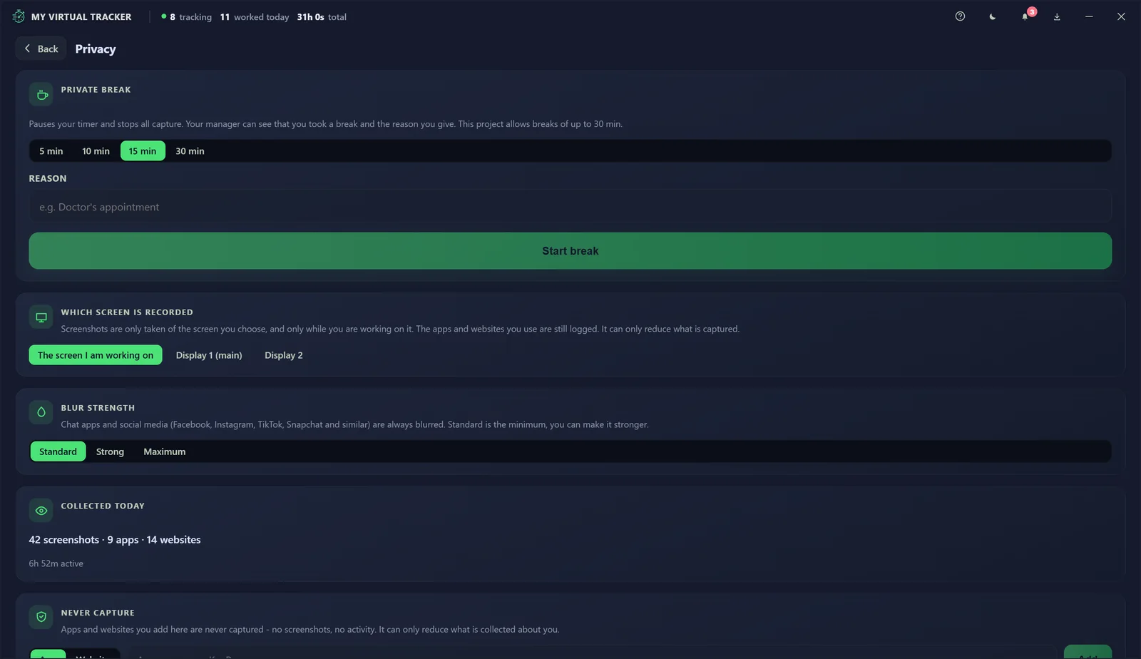 My Virtual Tracker Desktop: Privacy panel: a private break, which screen is recorded, blur strength, what was collected today and never-capture rules