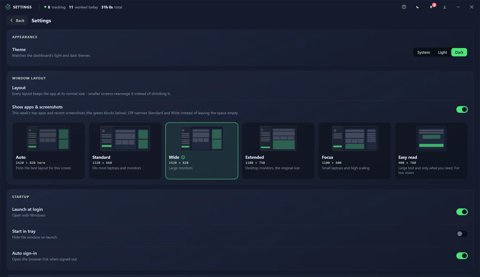Settings with the theme, a picker of five window layouts, show apps and screenshots, and startup options