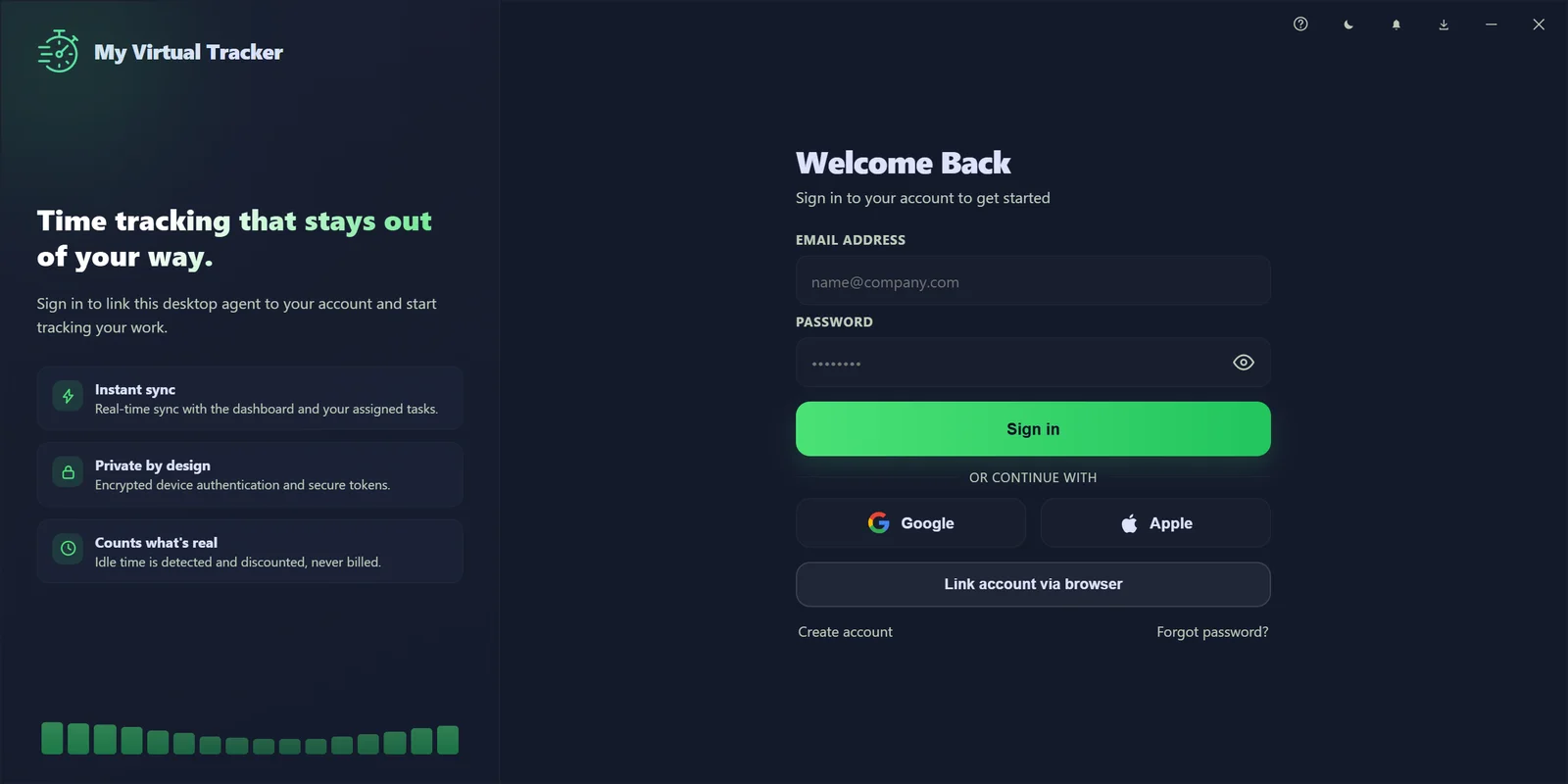 Sign-in screen: link the desktop agent to your account by email, Google, Apple or the browser