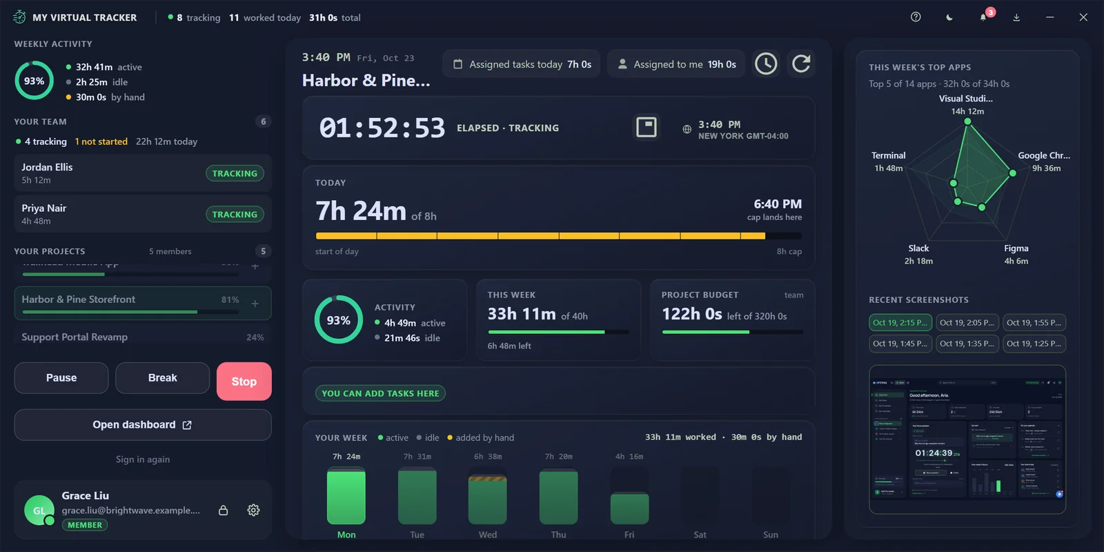 Standard layout with the team, projects, the timer, today and the week chart