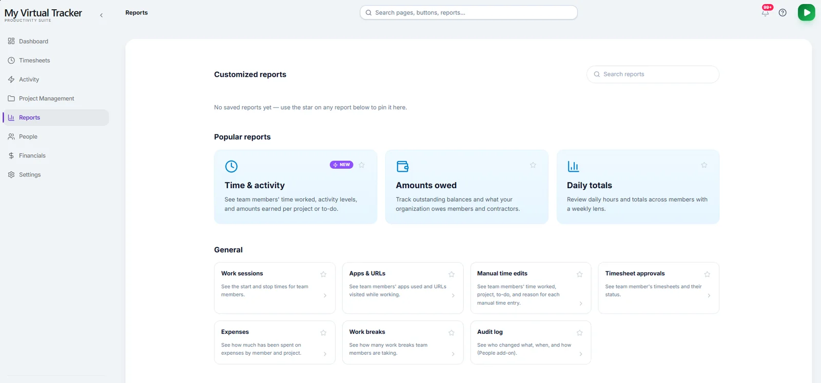 Reports hub: time and activity, amounts owed, daily totals and general reports
